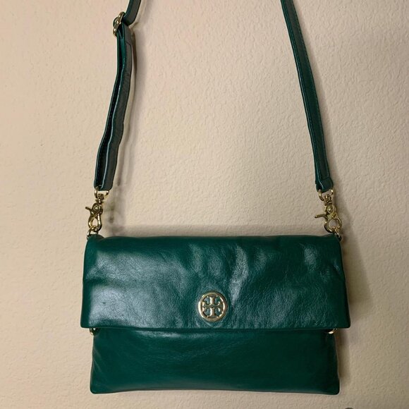 Tory Burch green leather crossbody bag with fold-over flap and signature logo em - Picture 6 of 8